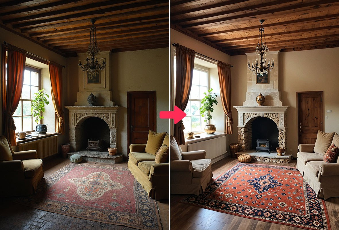 Before and after real estate interior photo editing with brightness enhancement and shadow recovery.