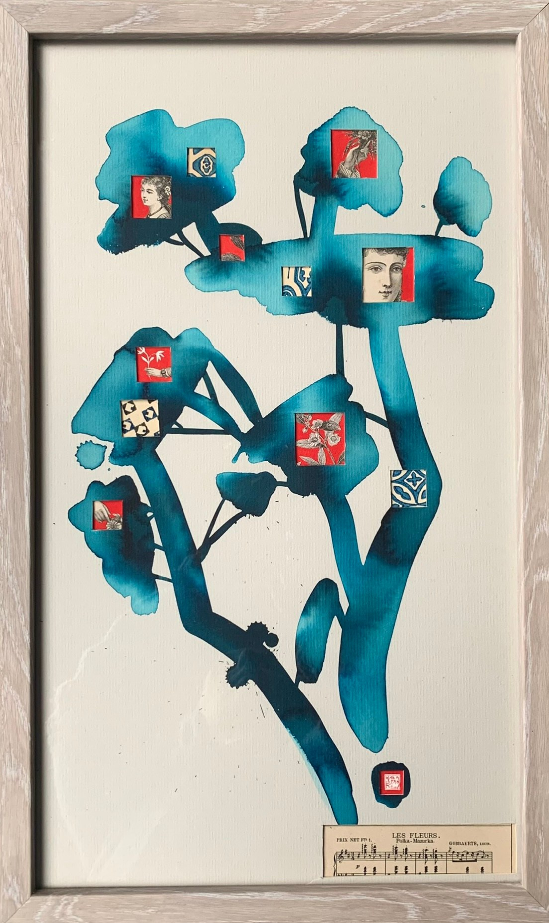 Collage artwork art collection series trees nature in red blue paperart paper handmade fashion music score calligraphy female flowers flower