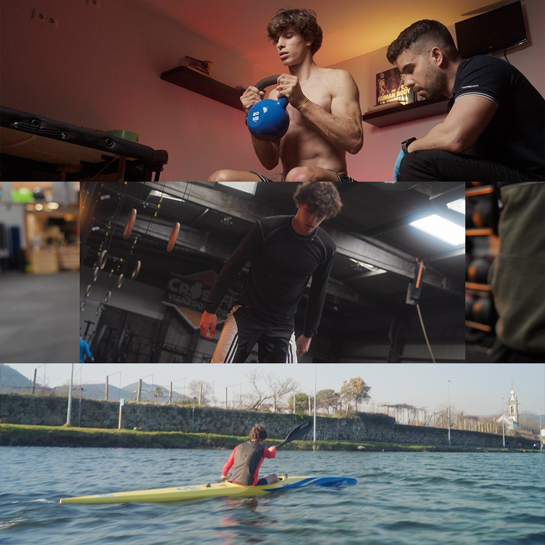 Grelha de fotogramas de vídeo desportivo destacando treino com kettlebell e canoagem ao ar livre, captada no norte de Portugal pela Khave Media