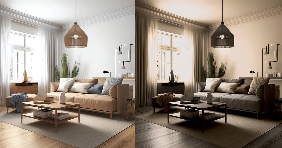 Before and after real estate interior photo retouching with lighting enhancement and natural color correction.