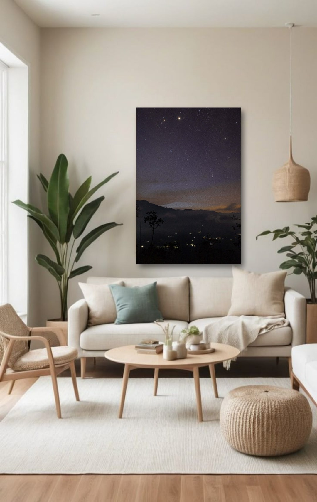 Decoración con paisaje de montaña y estrellas