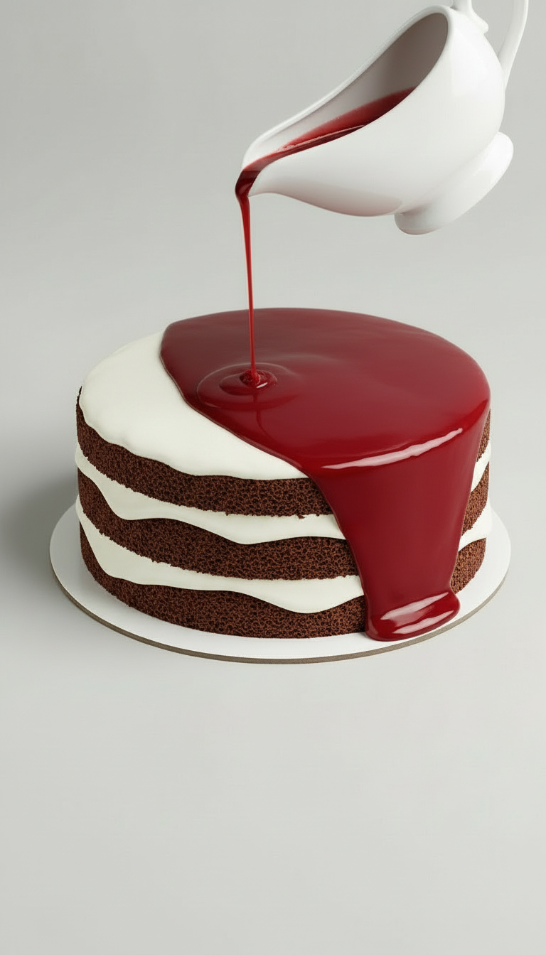 Pouring glossy red mirror glaze over chocolate layer cake with cream filling, minimalist studio food photography