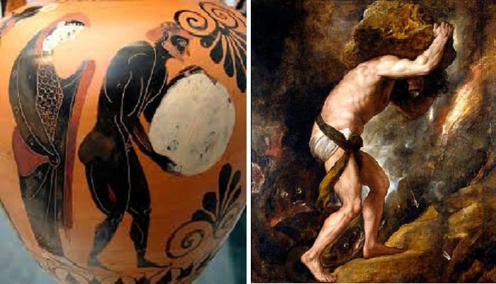 Мифы древней Греции. Слева: древнегреческая ваза VI в. до н.э. с Сизифом; справа: Тициан, Сизиф, 1548–1549, серия «Мучения проклятых», музей Прадо — обнажённый король вечно катит камень
