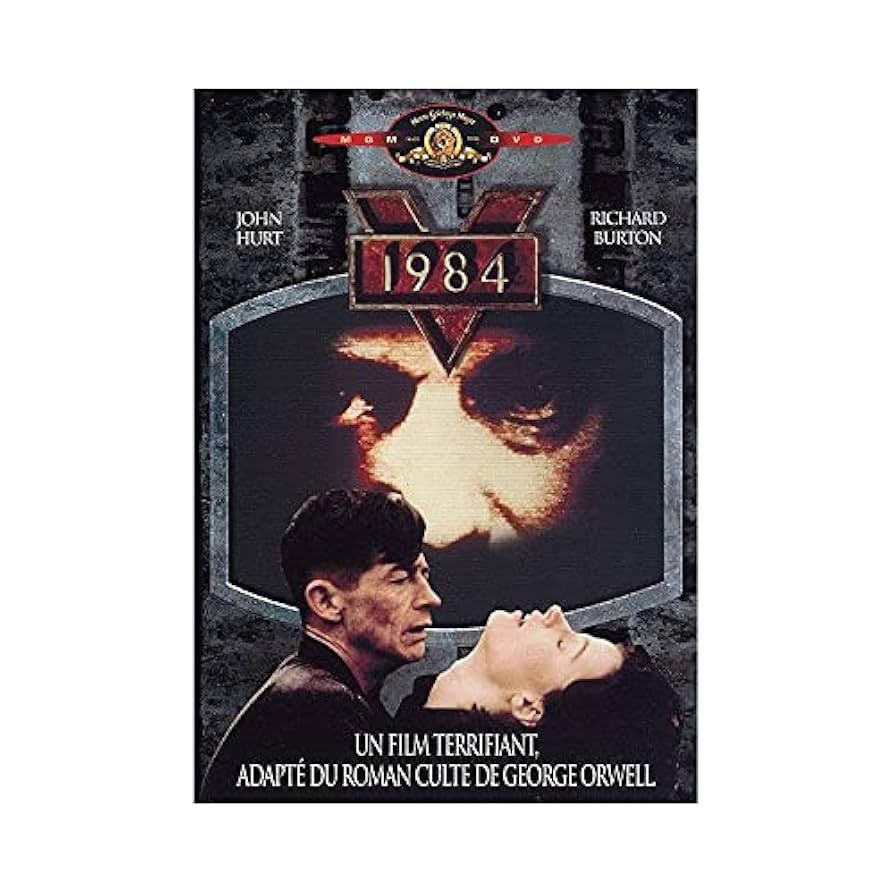 Постер фильма «1984» 1984, реж. Майкл Рэдфорд: Джон Хёрт в роли Уинстона Смита, серое лицо, глаз Большого Брата, надпись «Big Brother is watching you 