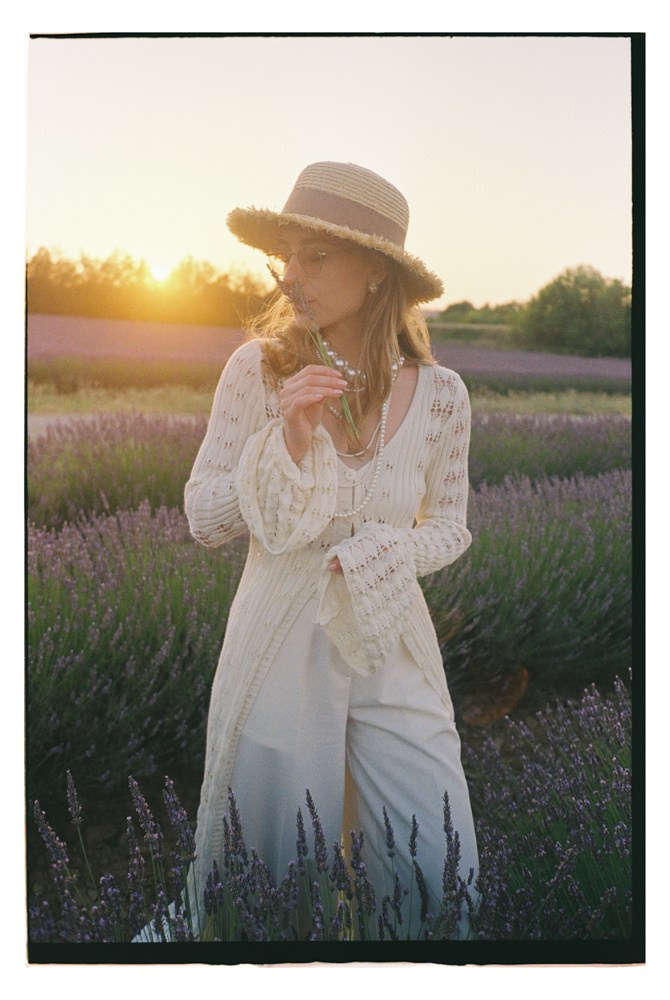 Woman in lavender field during editorial wedding portraits in Provence, France