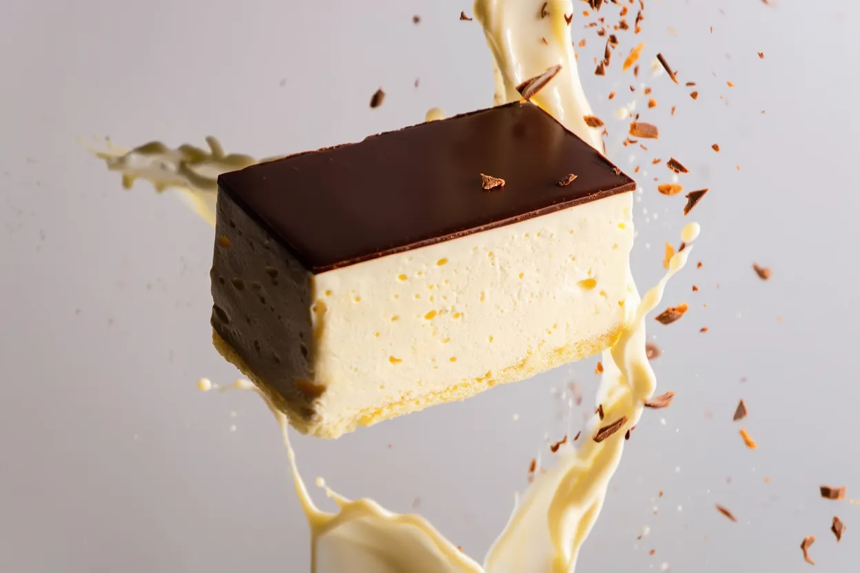 Cheesecake slice with glossy chocolate glaze and cream splash, creative studio food photography