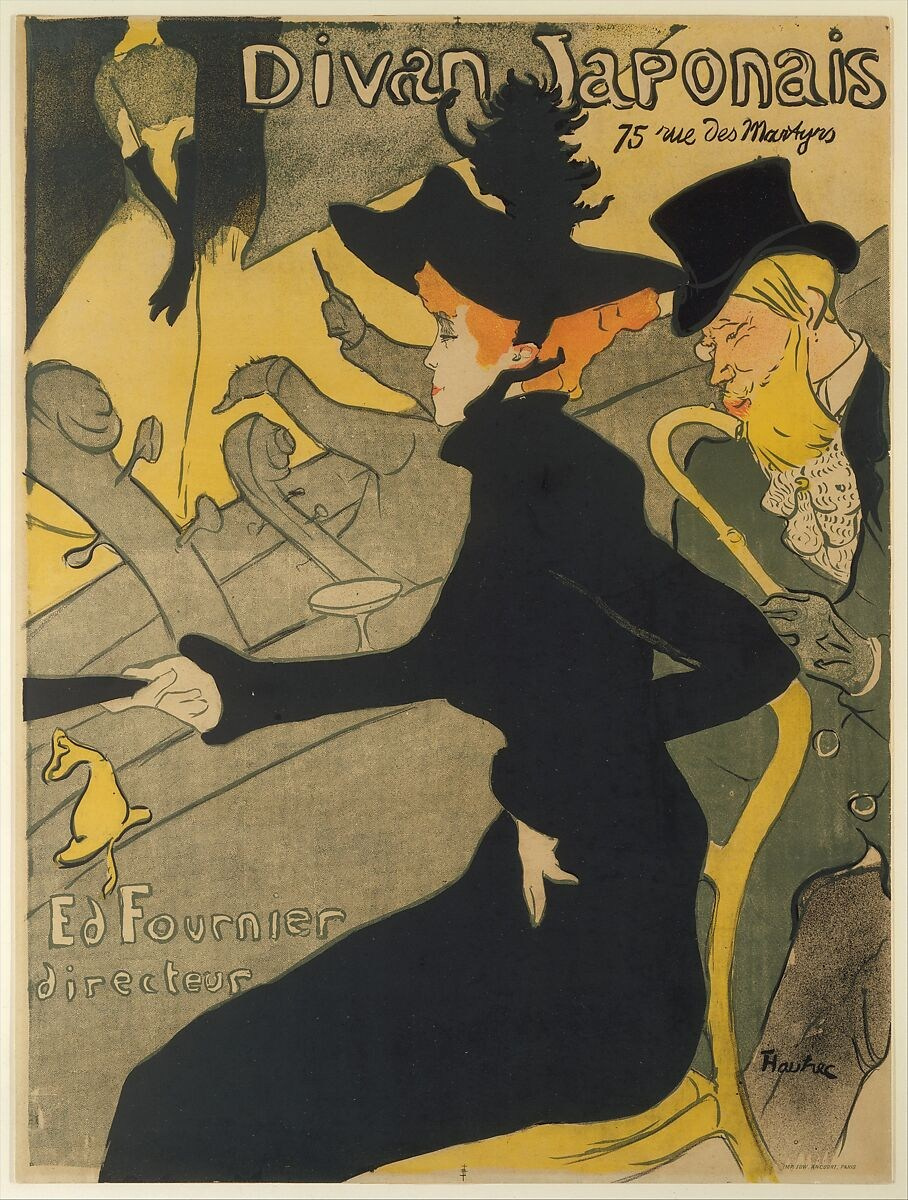 Henri de Toulouse-Lautrec Плакат Анри де Тулуз-Лотрека «Divan Japonais» (1892–1893): танцовщица Жанна Авриль и писатель Эдуар Дюжарден в зале кафе-шантана, наблюдают за выступлением певицы Иветт Гильбер, узнаваемой по высоким перчаткам и стройной фигуре.
