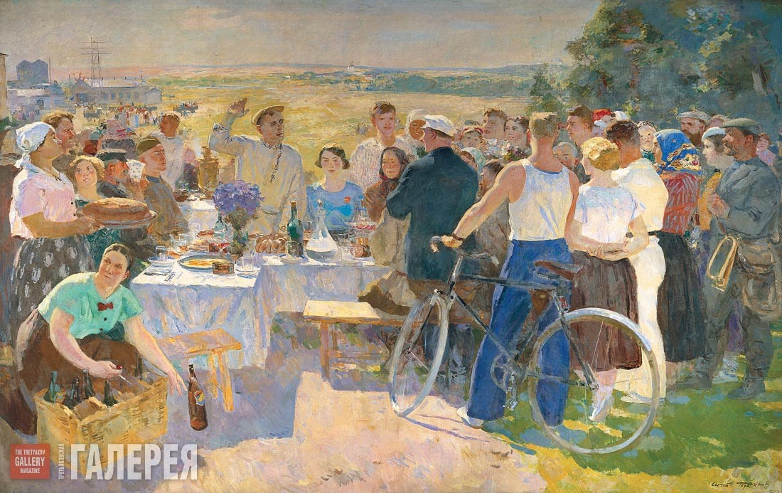 Сергей Герасимов, «Колхозный праздник», 1937. Яркий солнечный день, накрытые столы, танцы и улыбки колхозников под новым расписным забором — хрестоматийное воплощение «жизни прекрасной и счастливой».