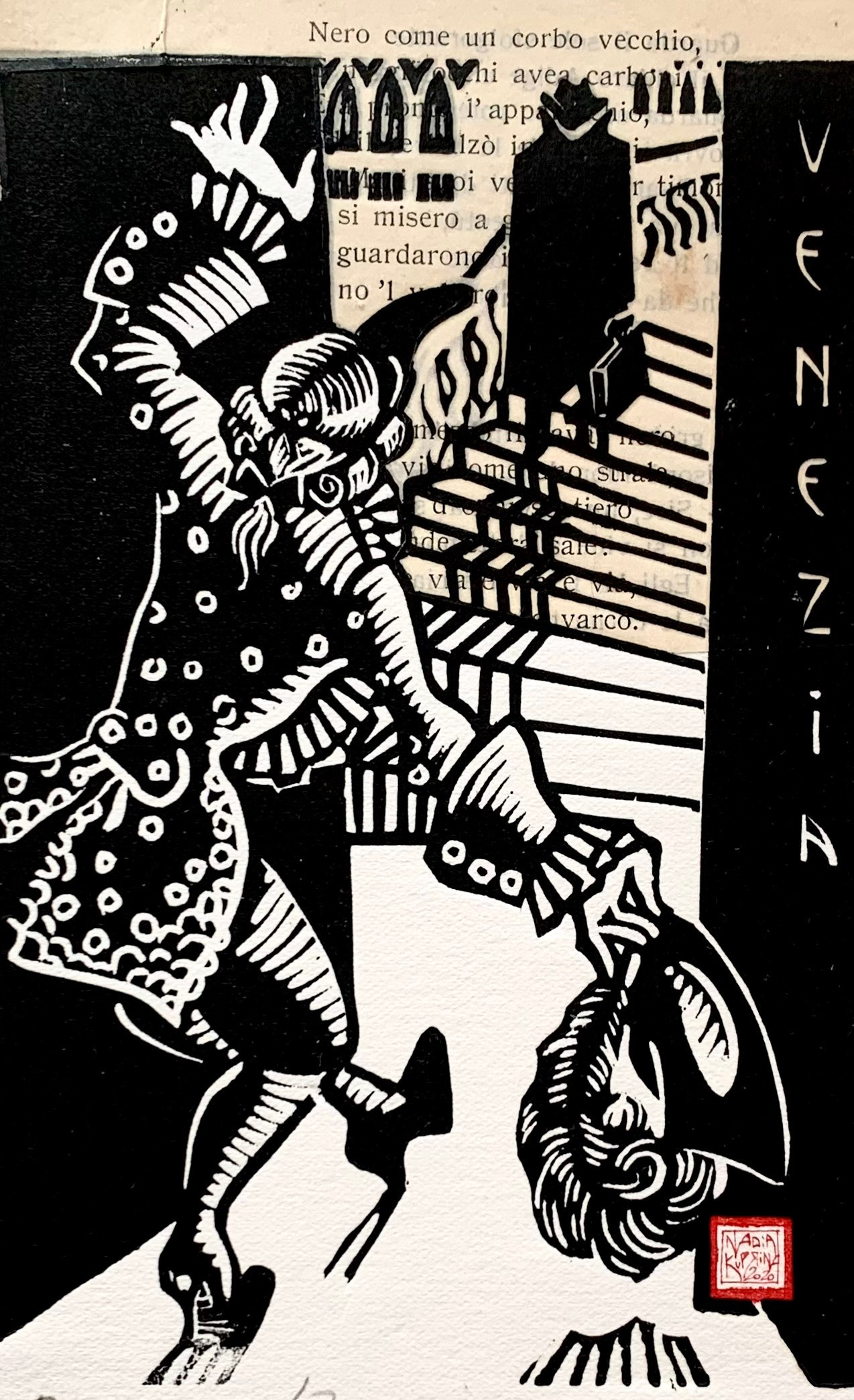 Stampa d’arte, linoleografia, cartolina, a mano, collage, foglia rame, edizione limitata, grafica d’autore, grafica d’arte, carnevale, costume, travestimento, buonasera, signore, Venezia