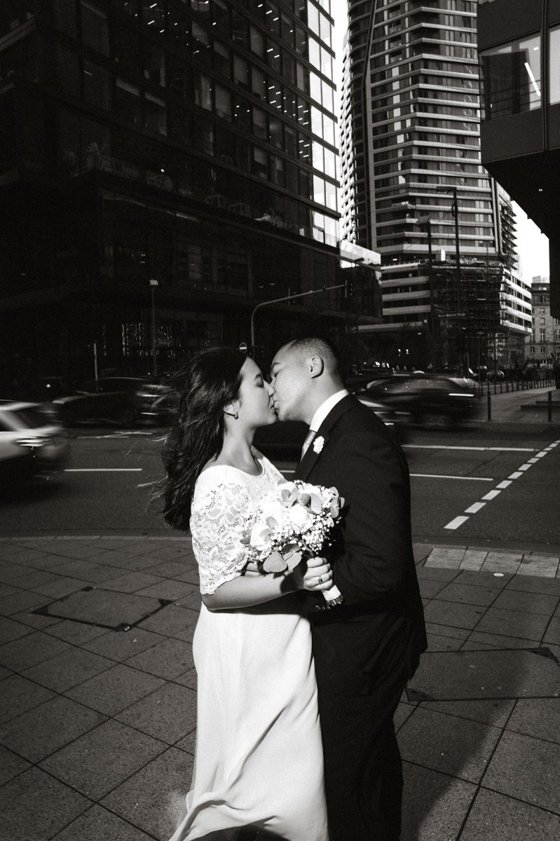 Long exposure with bride and groom kiss