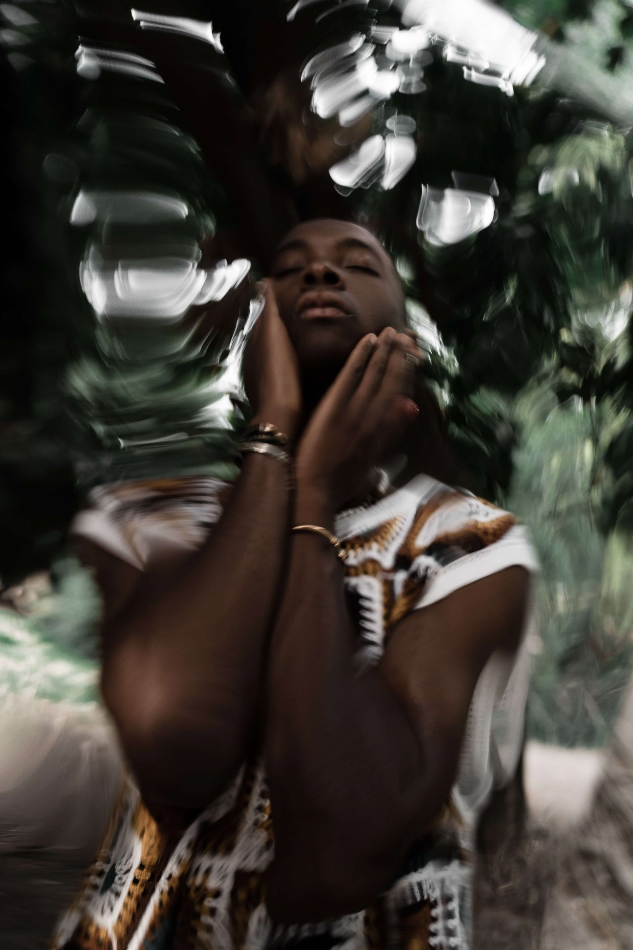 Artistic portrait with motion blur and natural textures