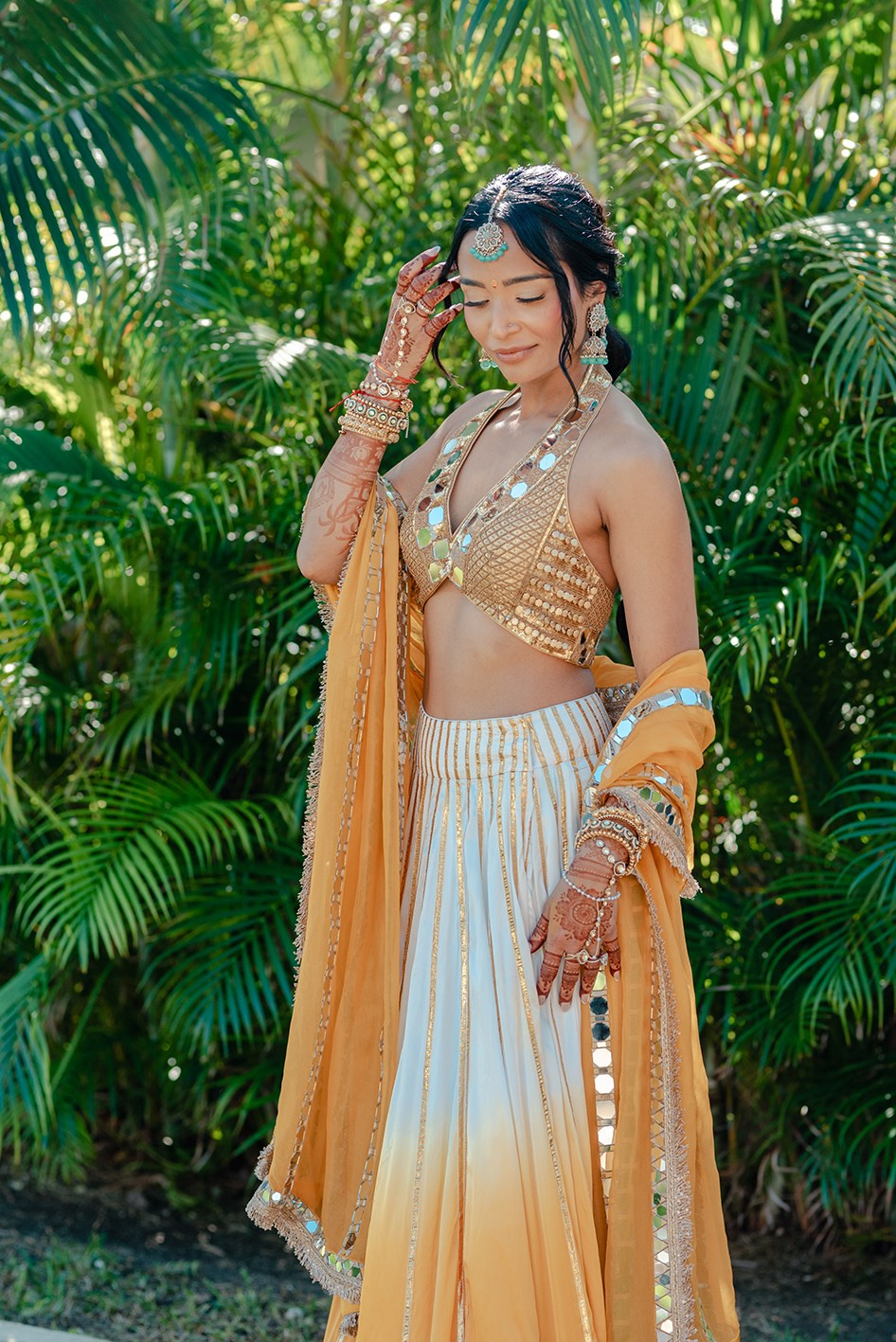 Elegant portrait of Indian bride during traditional Haldi ceremony at a luxury wedding in Cancun