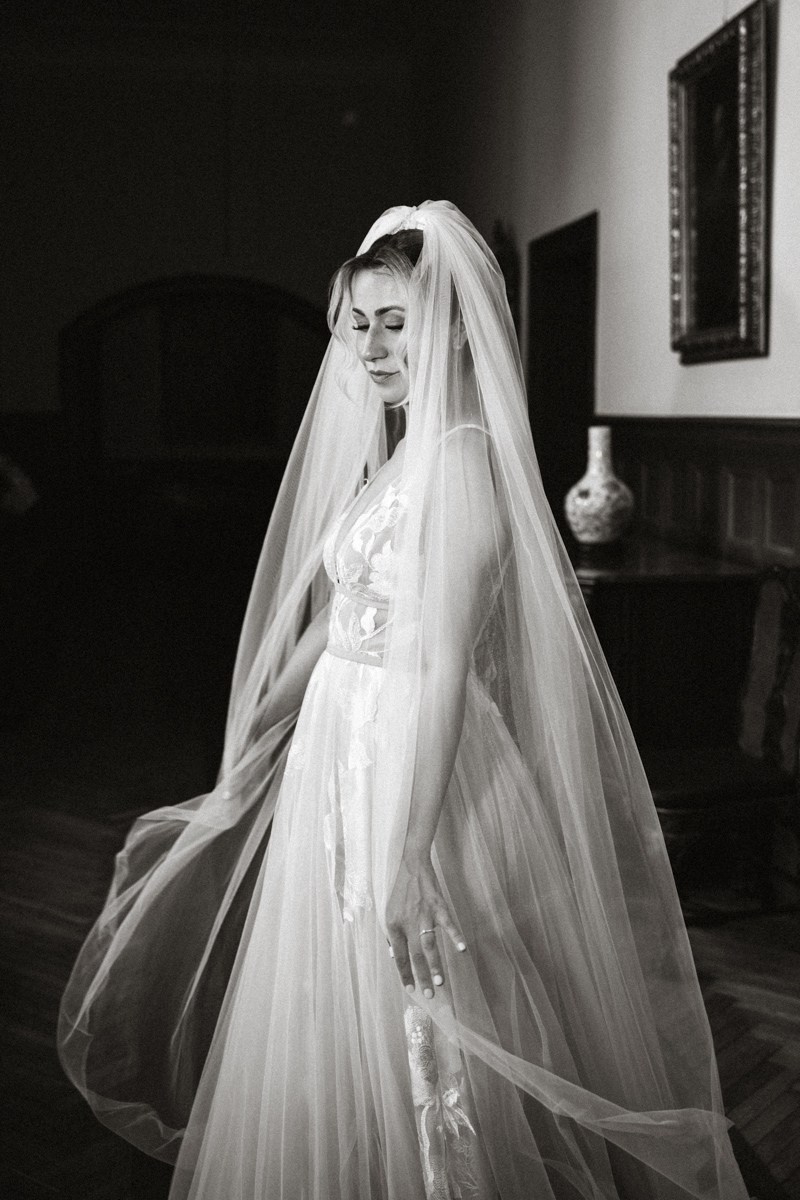 black and white portrait of the bride