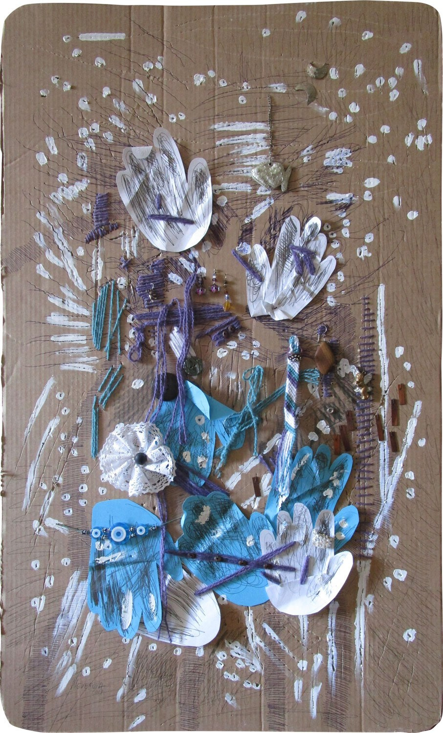 'Skin2' 100 × 60 cm (2 pieces), 46 × 63 cm (1 piece) corrugated cardboard, acrylic yarn, tempera, jewelry, paper, gel pen, ballpoint, 2018