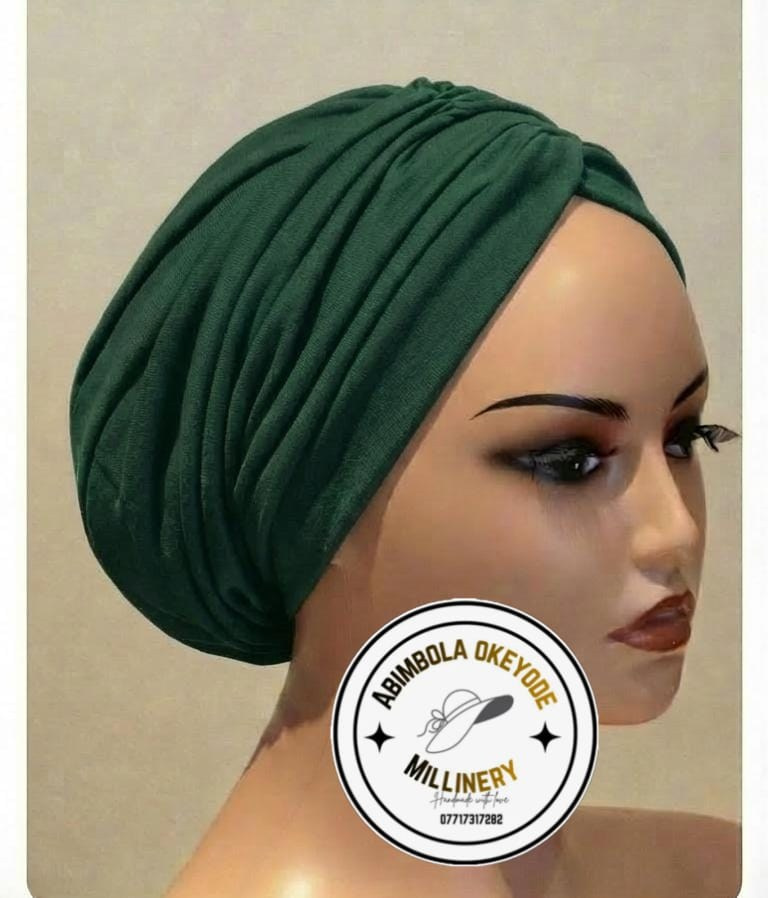 Pleated turbancap with a matching fabric band attached from behind. A milliner in Hull, UK Abimbola Okeyode
