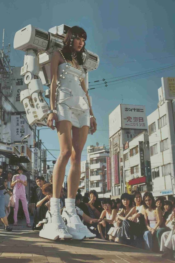 Киберпанк-портрет в стиле Эми Кусано: неоновая палитра, ретрофутуризм 1980-х, женская фигура в техно-моде, цифровые артефакты и глич-текстуры.