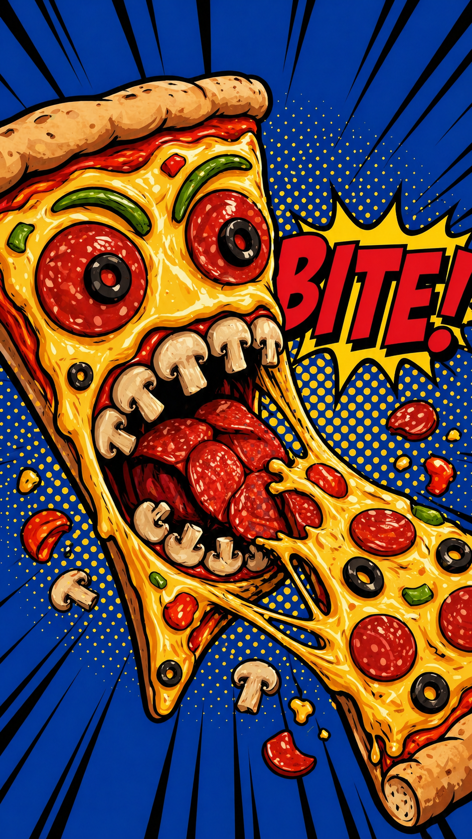 A pop art poster with a pizza monster with mushroom teeth and pepperoni eyes, in the style of a comic book with a blue background.