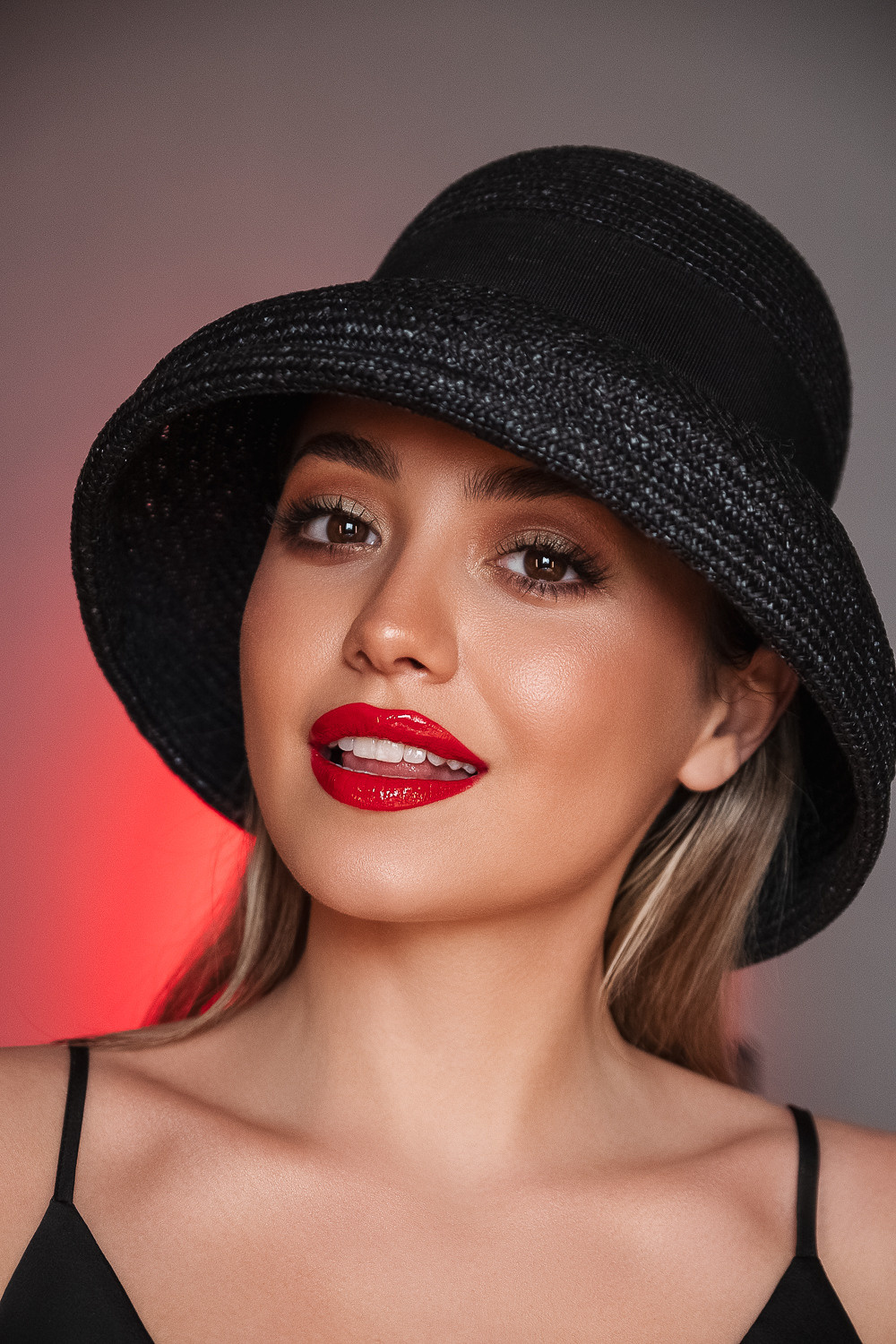 Photorealistic portrait of young woman with long brown hair smiling in Waterford