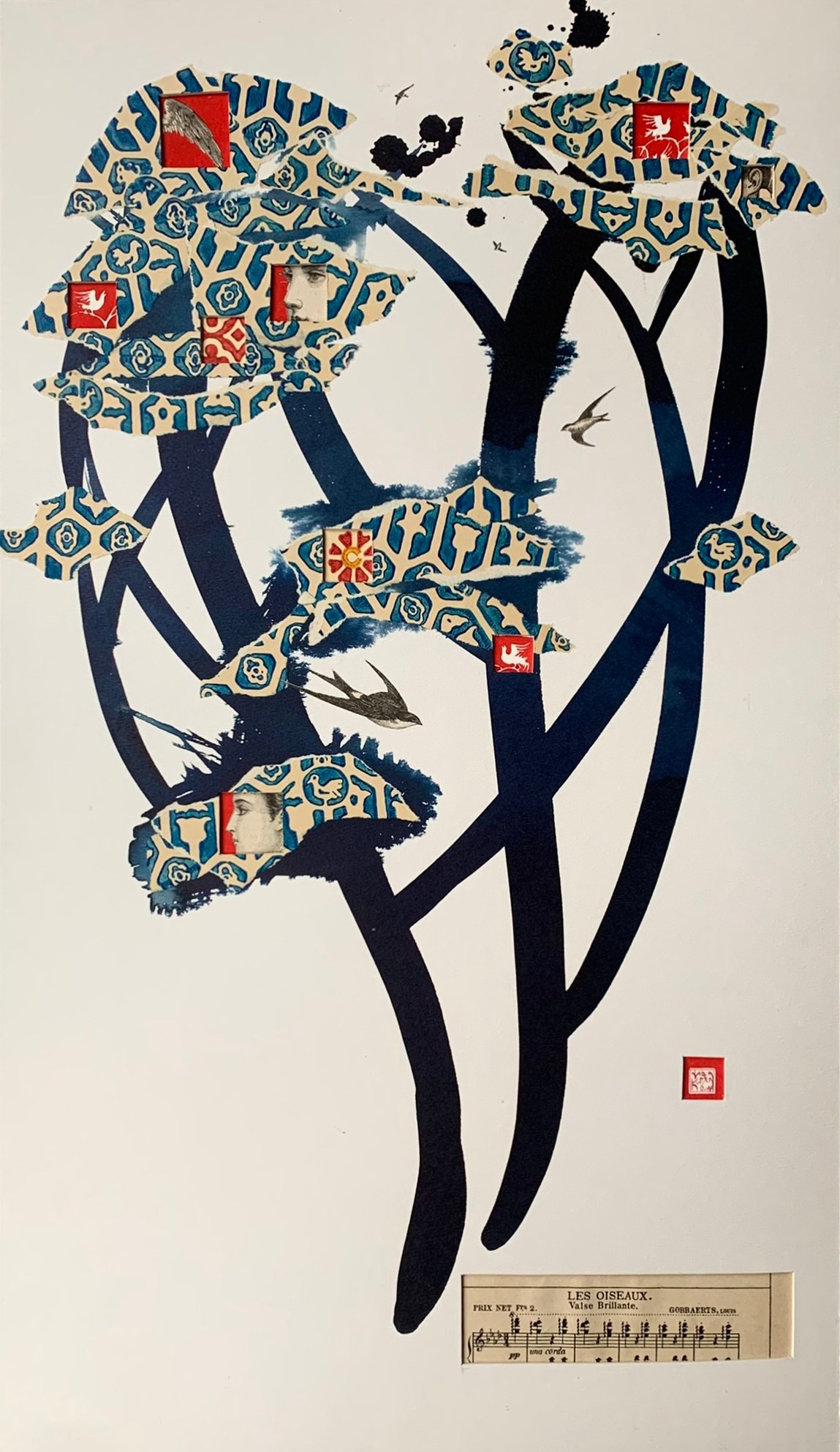 Collage artwork art collection series trees nature in red blue paperart paper handmade fashion music score birds stories bird flight fly