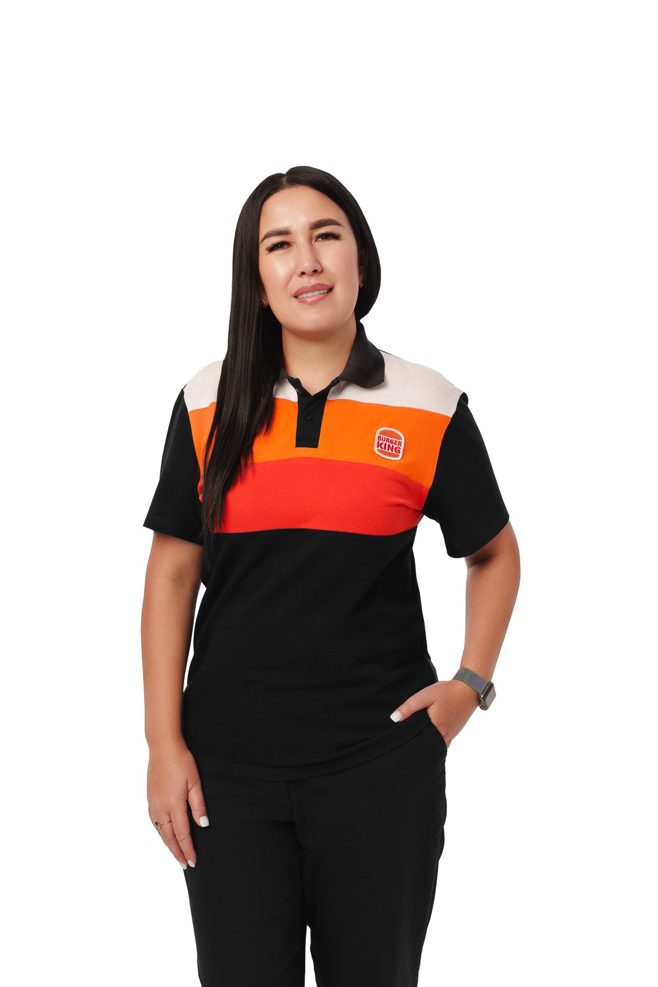 Female Burger King crew member in branded polo shirt, studio portrait