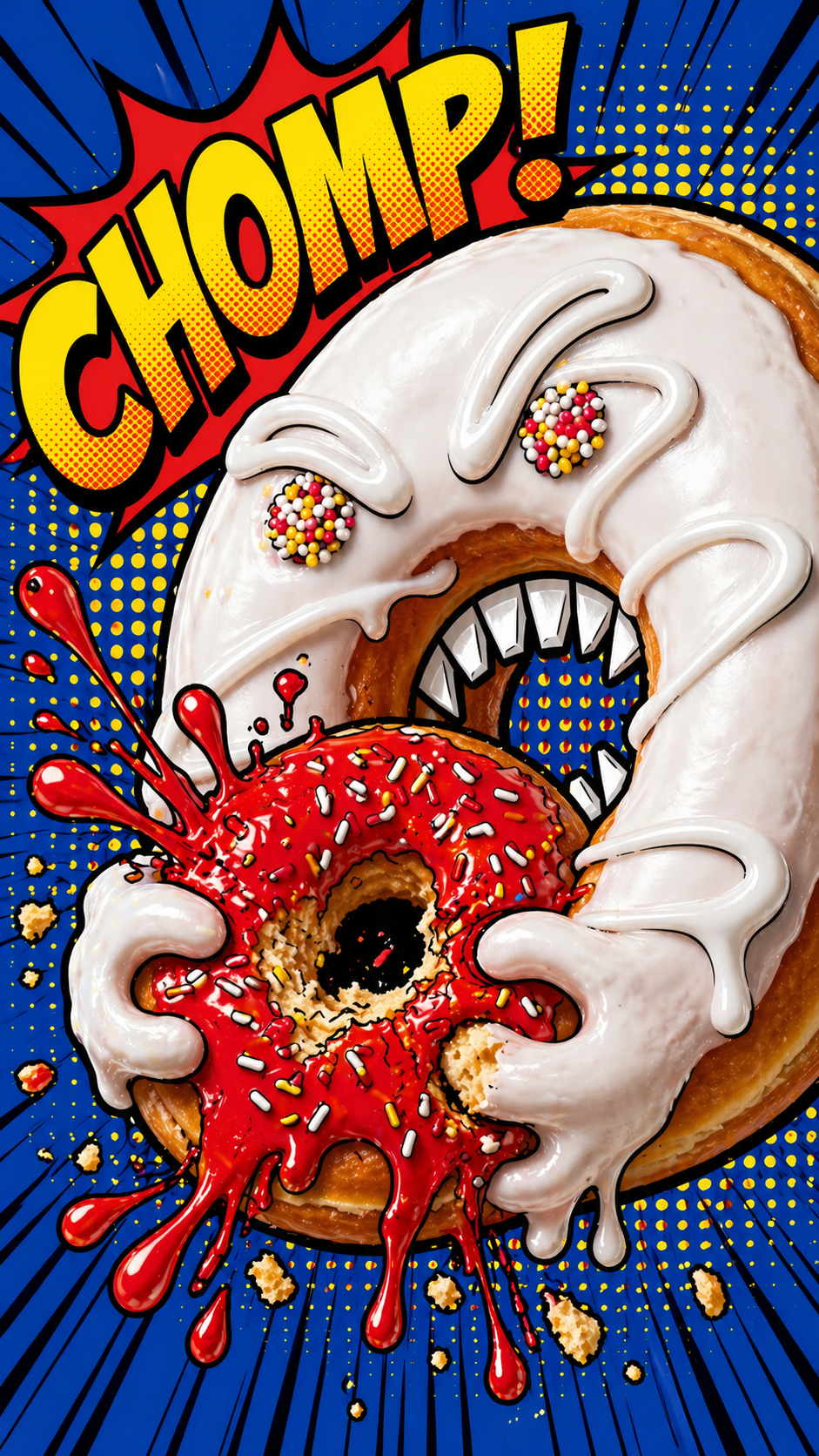  A white donut with teeth bites a red donut, splashes of icing, and a bright pop art style on a blue background.