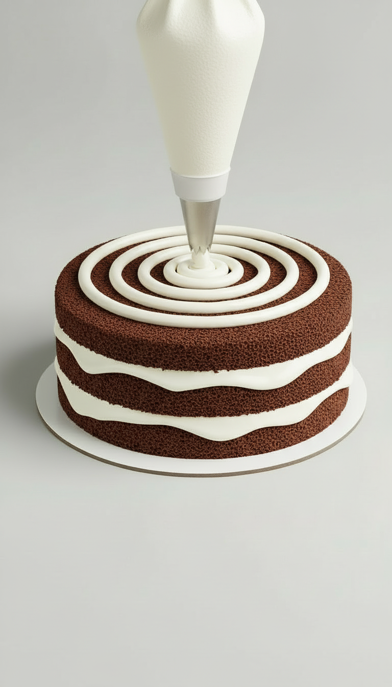 Pastry chef piping cream spiral onto chocolate layer cake sponge, minimalist studio food photography