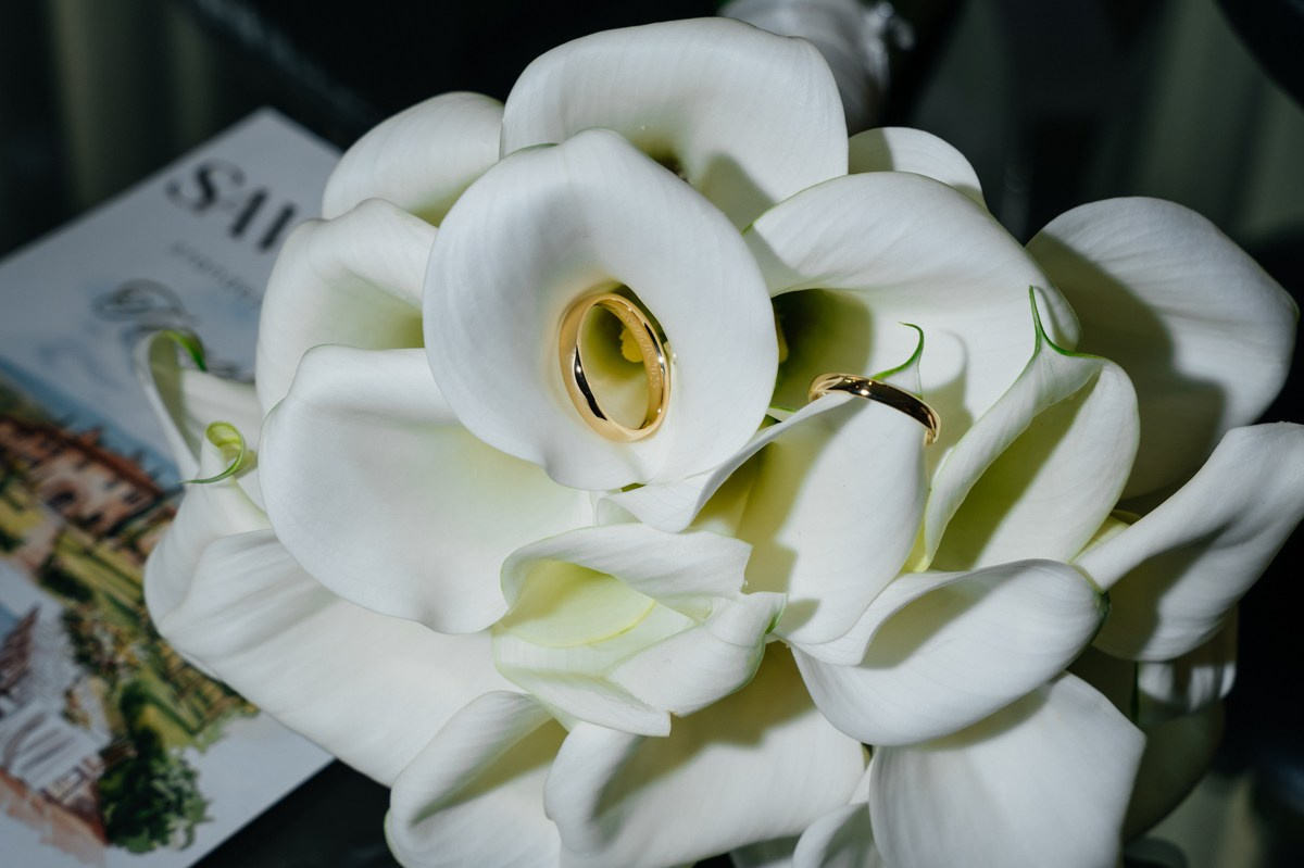 wedding rings and flowers