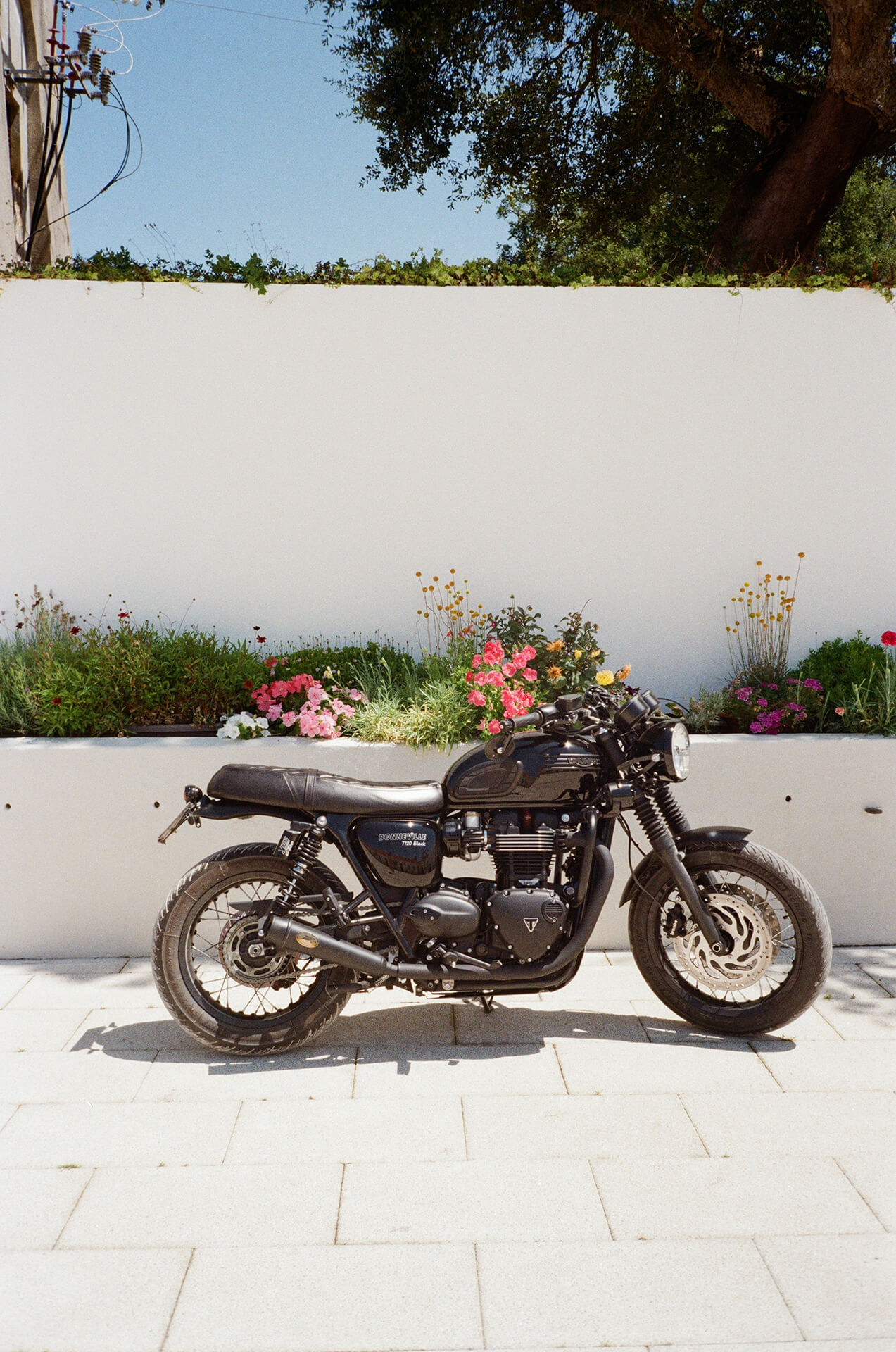 Vintage Triumph motorcycle parked at Quinta da Conceicao courtyard on a sunny wedding day in Portugal, photographed by wedding photographer in Lisbon