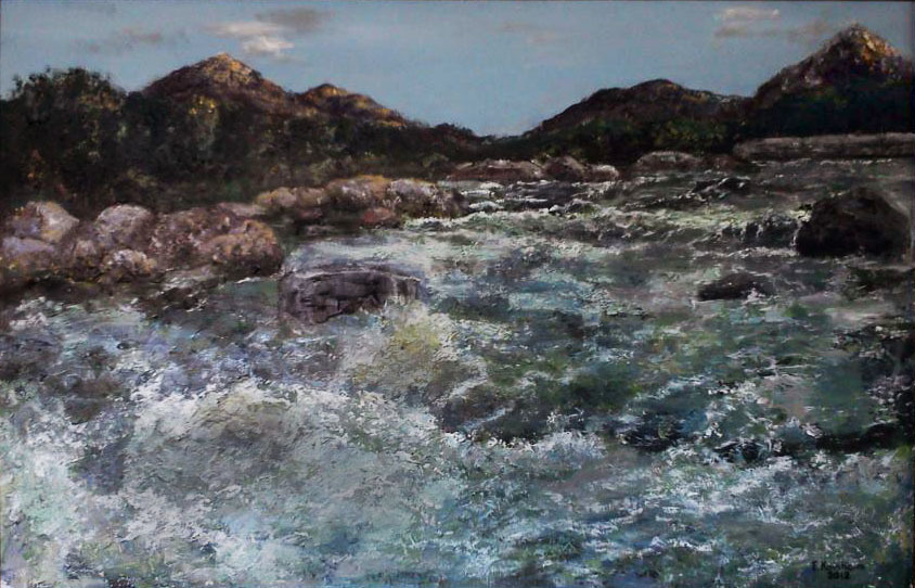 "Early morning on mountain river". 2012.  Tashkent. Uzbekistan. Canvas, acrylic. 80-60cm (framed). This artwork was ordered for a gift to rafting champion.