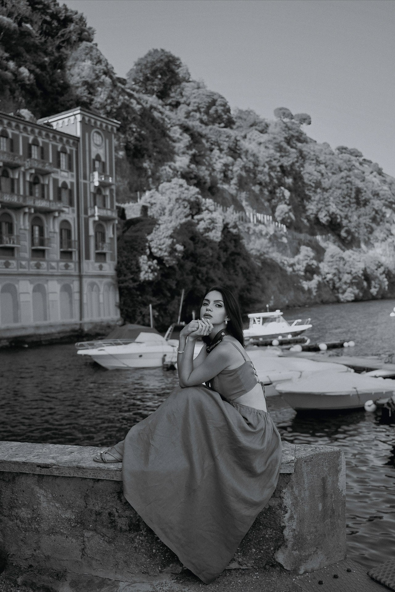 Black and white portrait by Villa Monastero at Lake Como