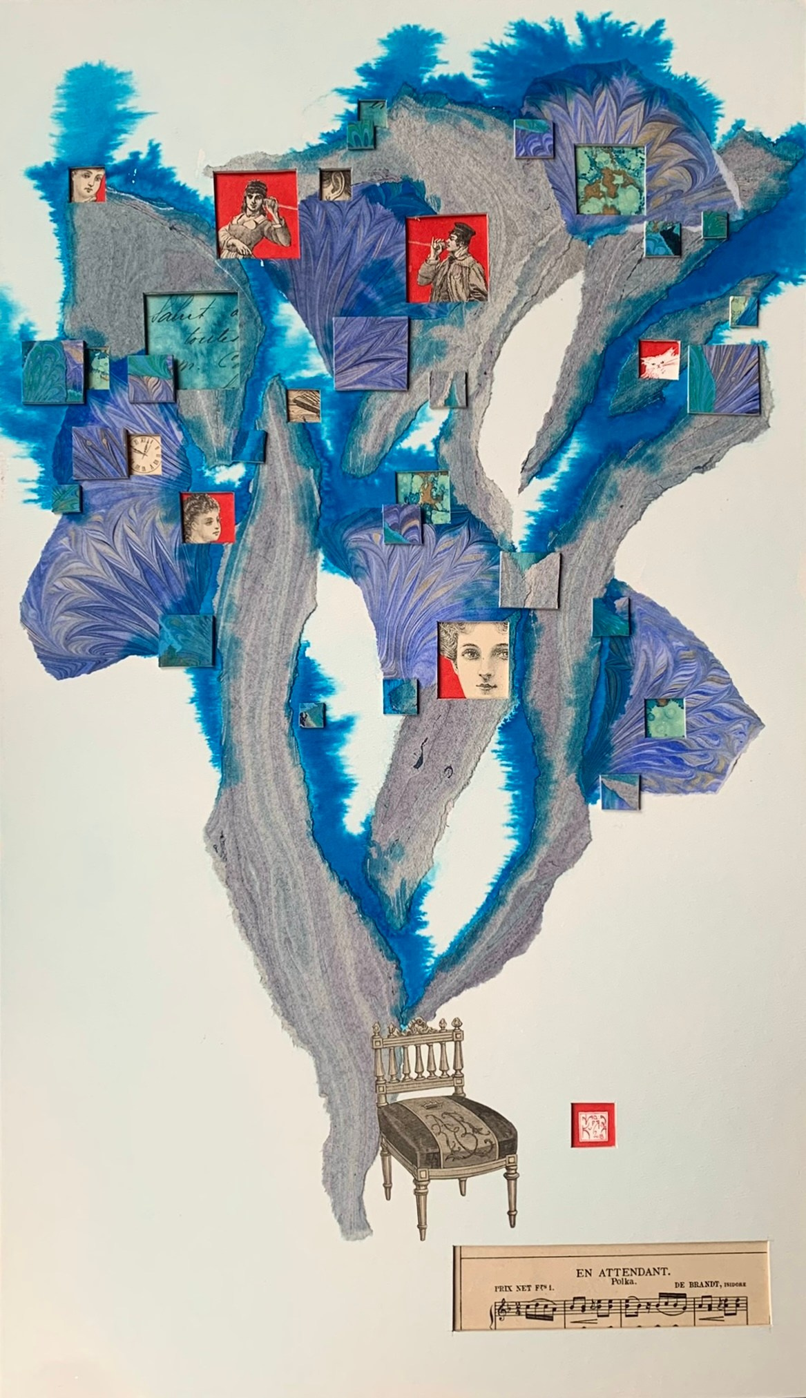 Collage artwork art collection series trees nature in red blue paperart paper handmade fashion music score waiting for awaiting sit chair listen story