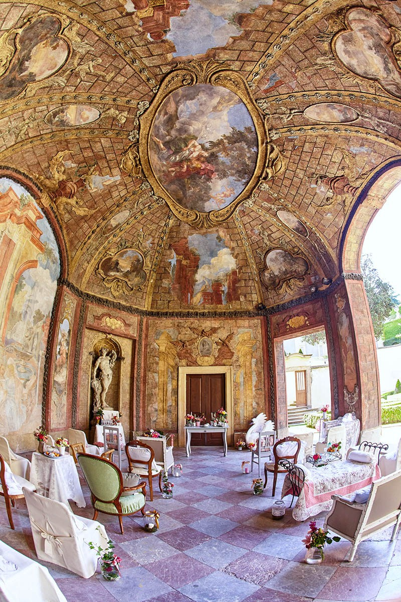 Vertical view of the Sala Terrena in the Vrtbovska Garden in Prague, specially prepared for a luxury wedding.