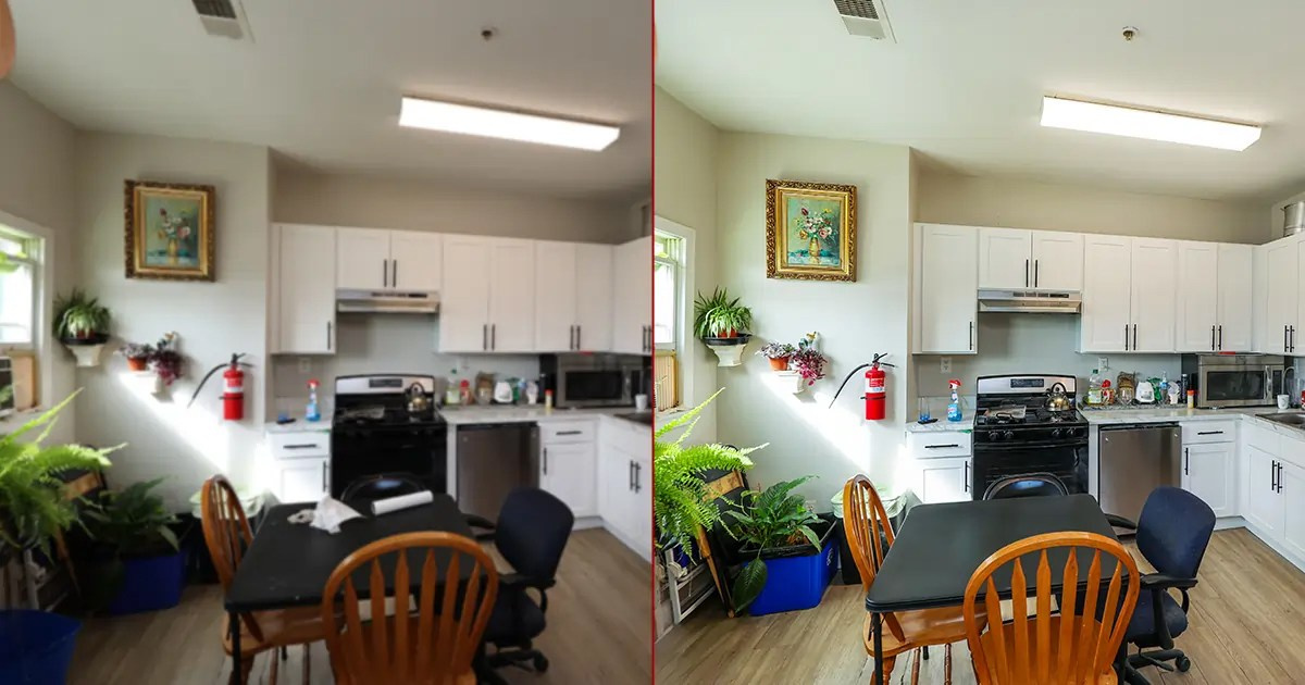 Before and after kitchen interior photo retouching with exposure correction and color enhancement.