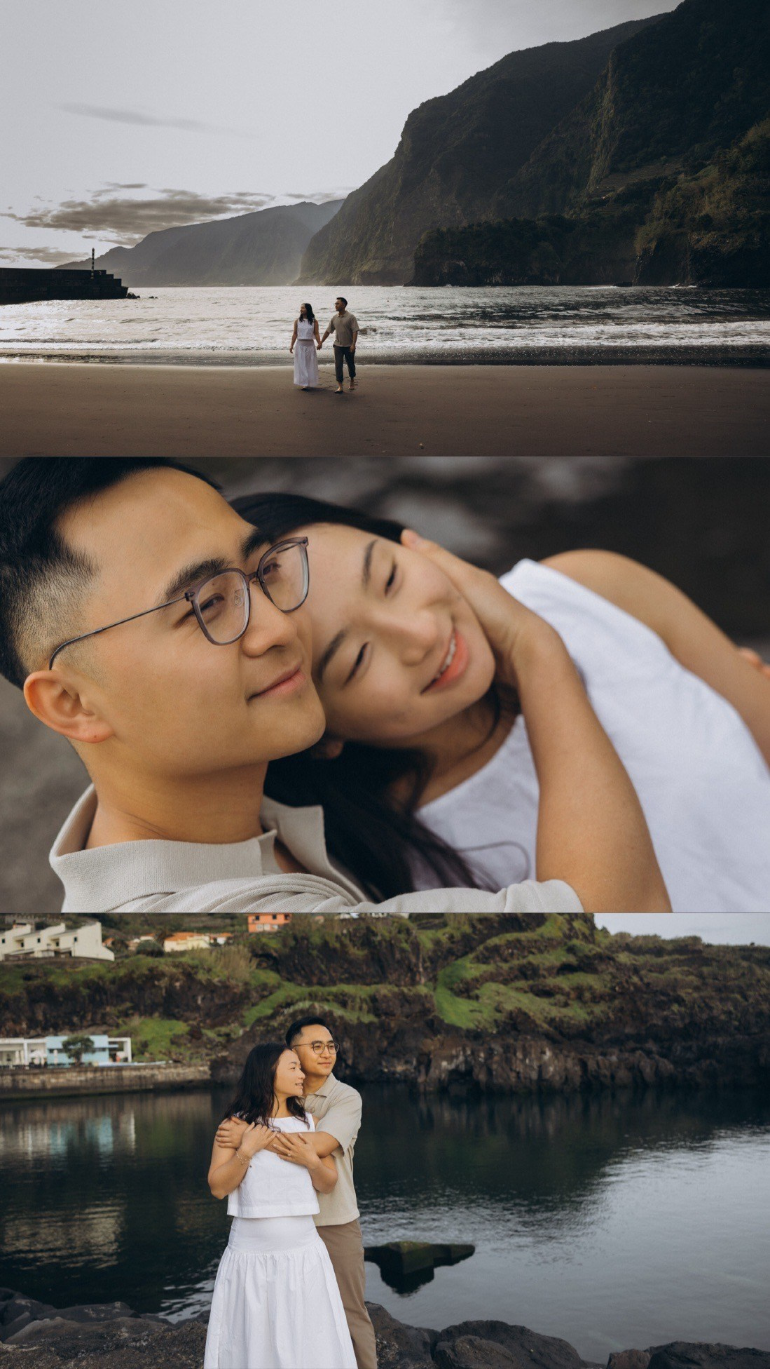 Cinematic love story in Madeira — couple at Seixal Beach cliffs.