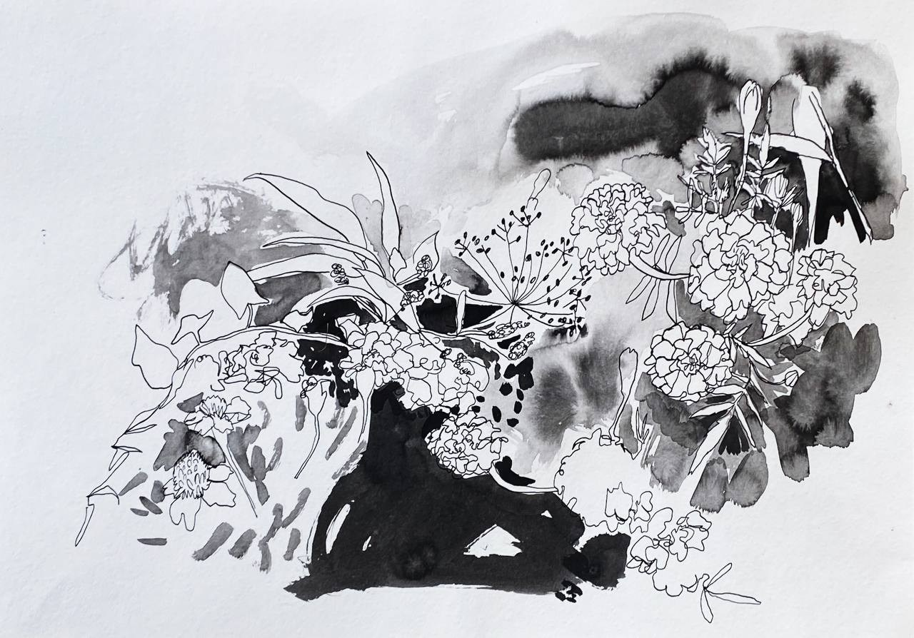 'Memory-Map', Mozyr, August 2023. 7 ink drawings 30 x 40 cm made during my trip to a place where I spent my summer holidays as a child. All the drawings were made from life in places important to my memories: on the river bank, in the garden, in ravines, in the forest. Each drawing is my portal to that place. 