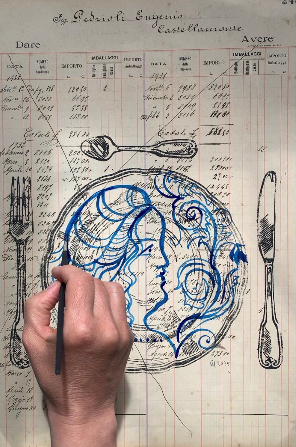 Nr. 245 PANEM QUOTIDIANUM. 29.5 cm  x 43 cm Linoleografia stampata a mano su pagina di un registro di un’azienda vinicola del 1920. Inchiostro acrilico.