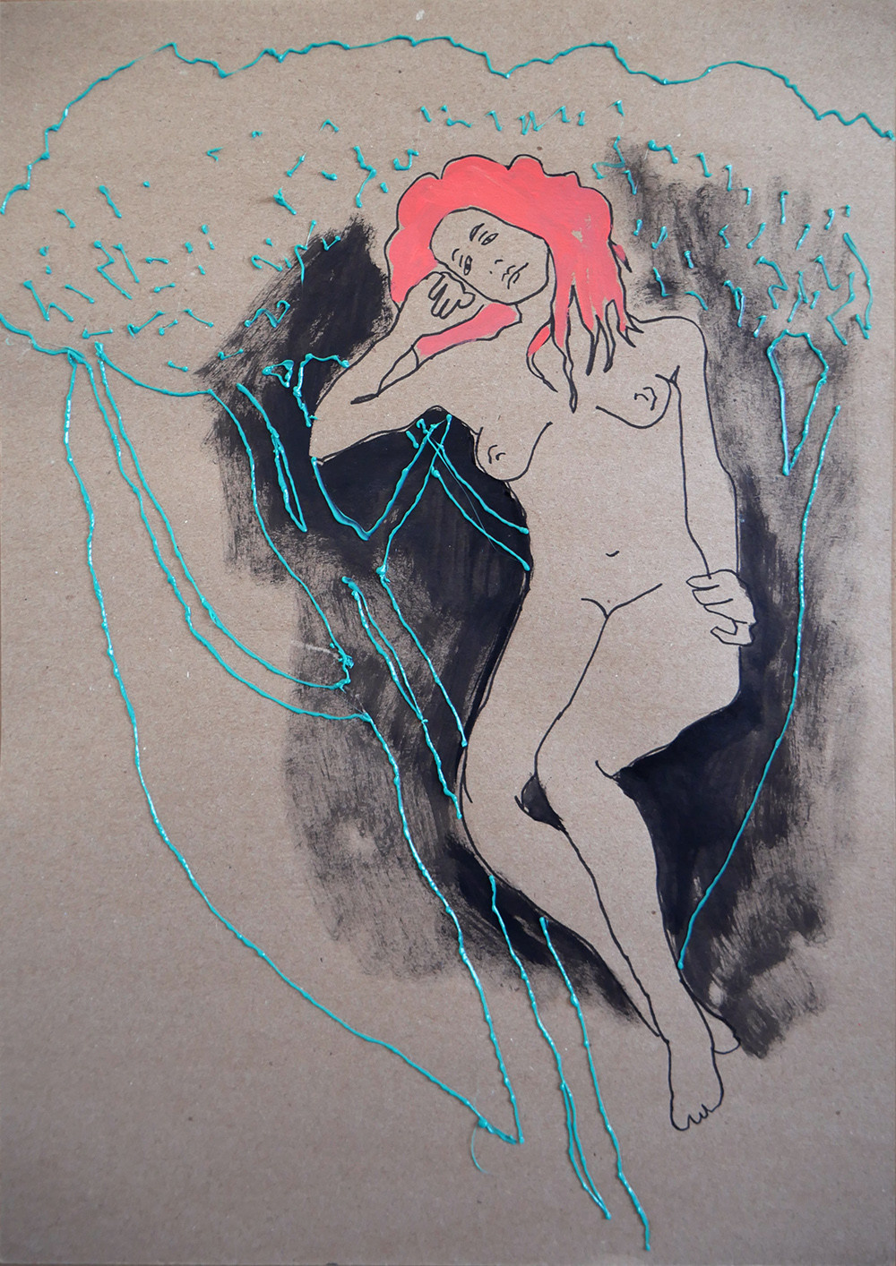 Garden 3, Acrylic, tempera, kraft paper, PLA plastic (3d pen), 29 x 42 cm, 2020