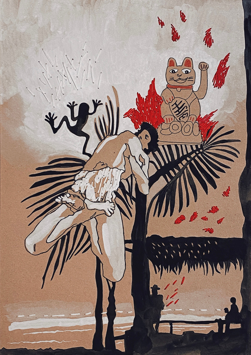 Garden 6, Acrylic, tempera, kraft paper, embroidery, 29 x 42 cm, 2020