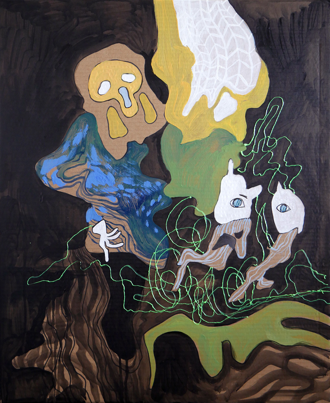 Brothers, Acrylic, tempera, corrugated cardboard, PLA plastic (3D pen), 55 x 67 cm, 2021