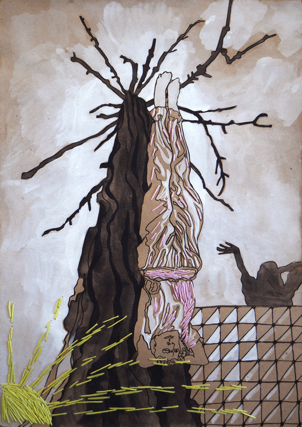 Garden 1, Acrylic, tempera, kraft paper, embroidery, 29 x 42 cm, 2020