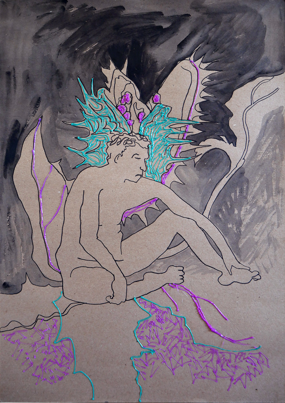 Garden 4, Acrylic, tempera, kraft paper, PLA plastic (3d pen), 29 x 42 cm, 2020