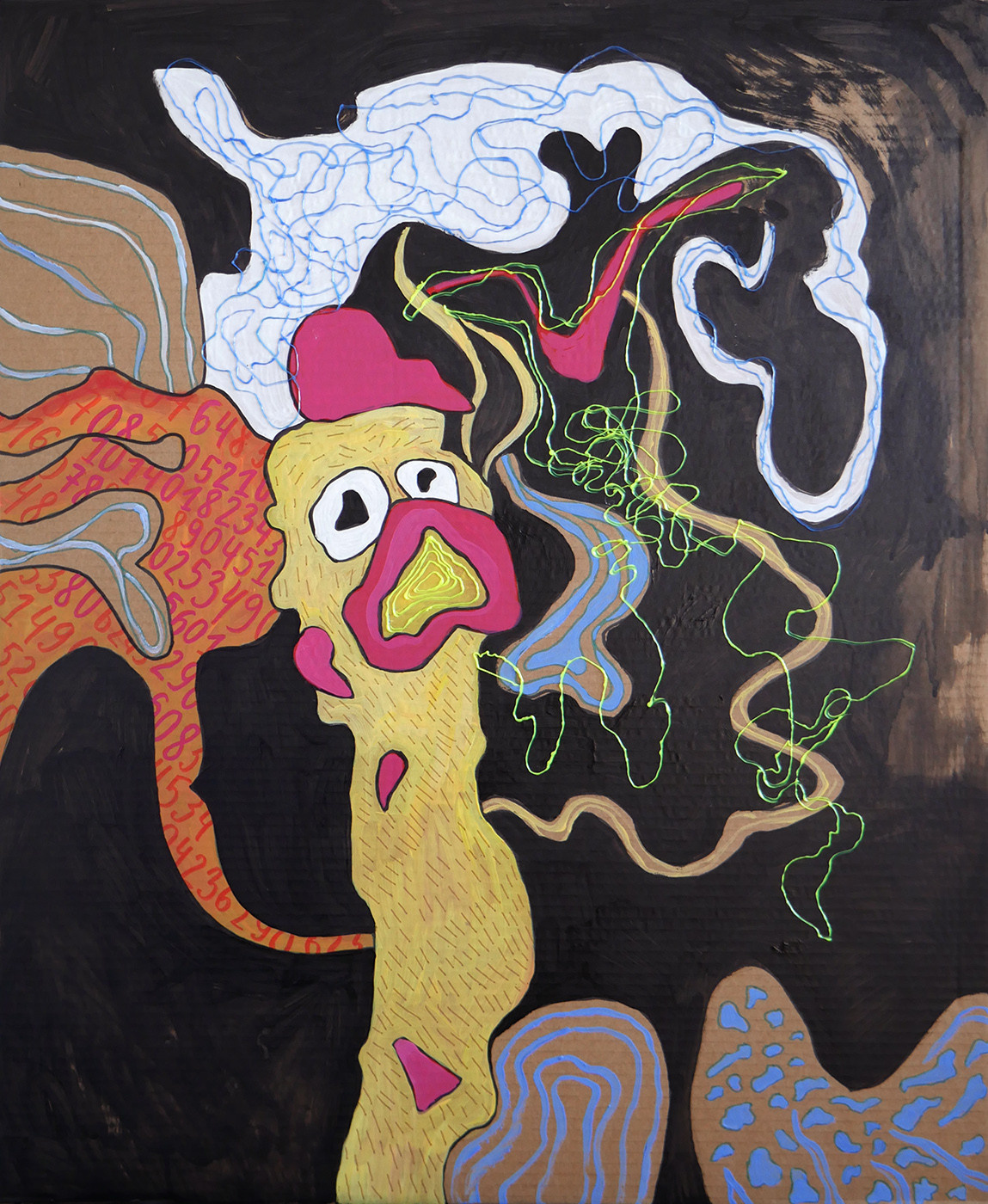 Number one, Acrylic, tempera, corrugated cardboard, PLA plastic (3D pen), 55 x 67 cm, 2021