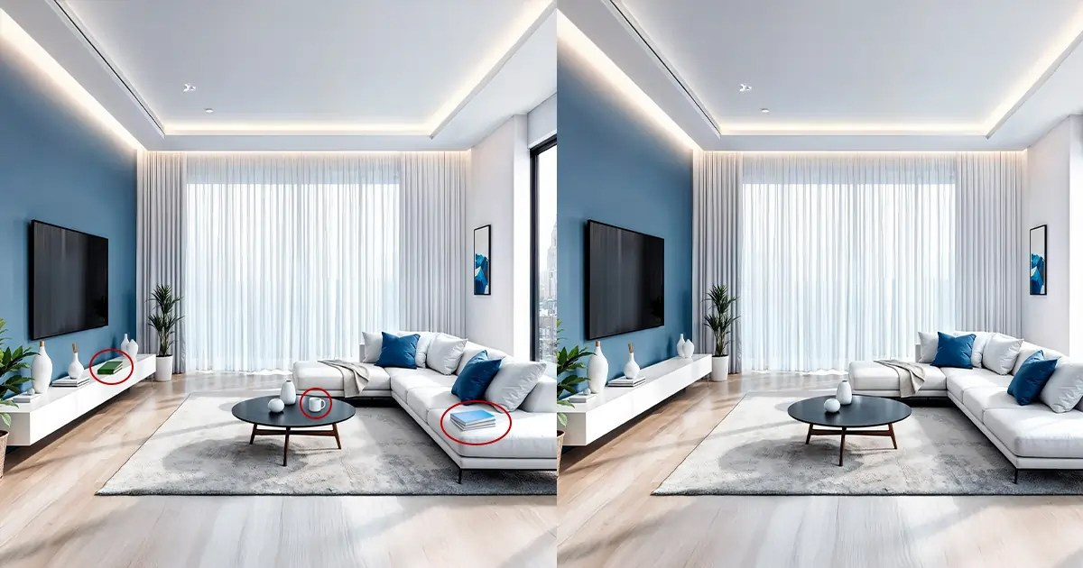 Before and after real estate interior photo editing with object removal and natural lighting enhancement.