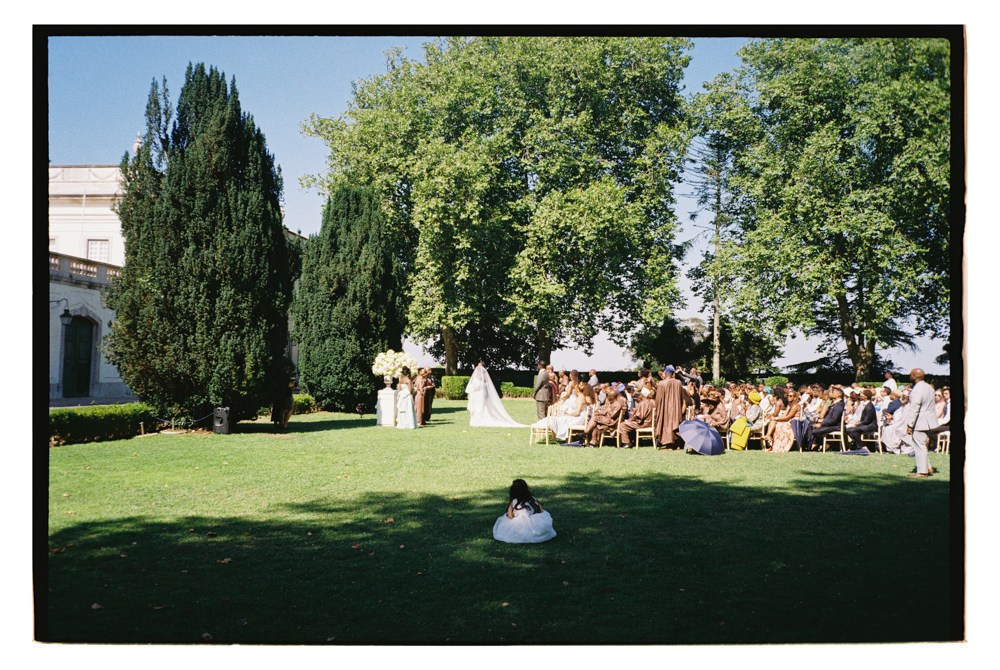 Outdoor ceremony setup on lawn in Provence France destination wedding
