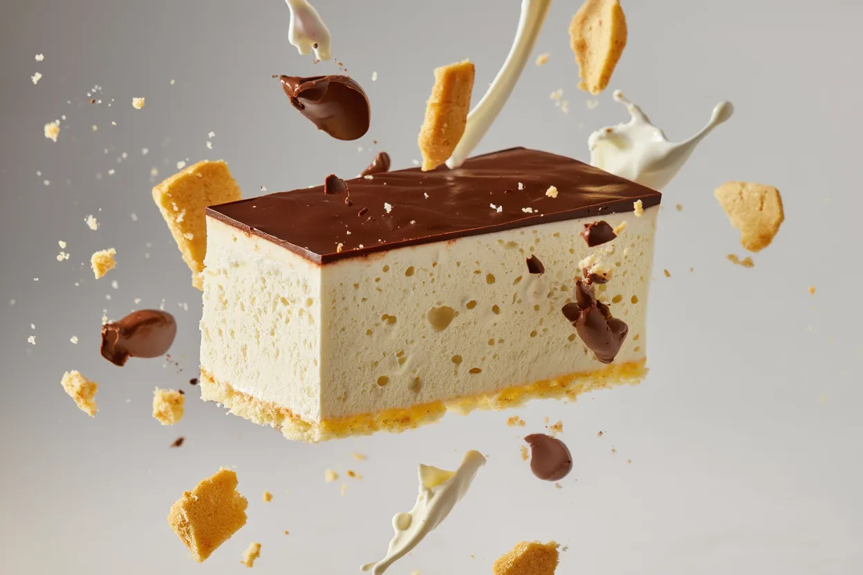 Cheesecake slice with chocolate glaze, flying cake crumbs and cream splash, creative studio food photography