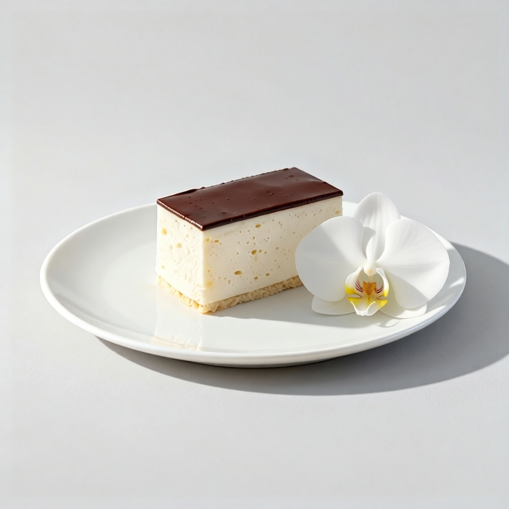 Cheesecake slice with chocolate glaze on white plate, minimalist studio dessert food photography
