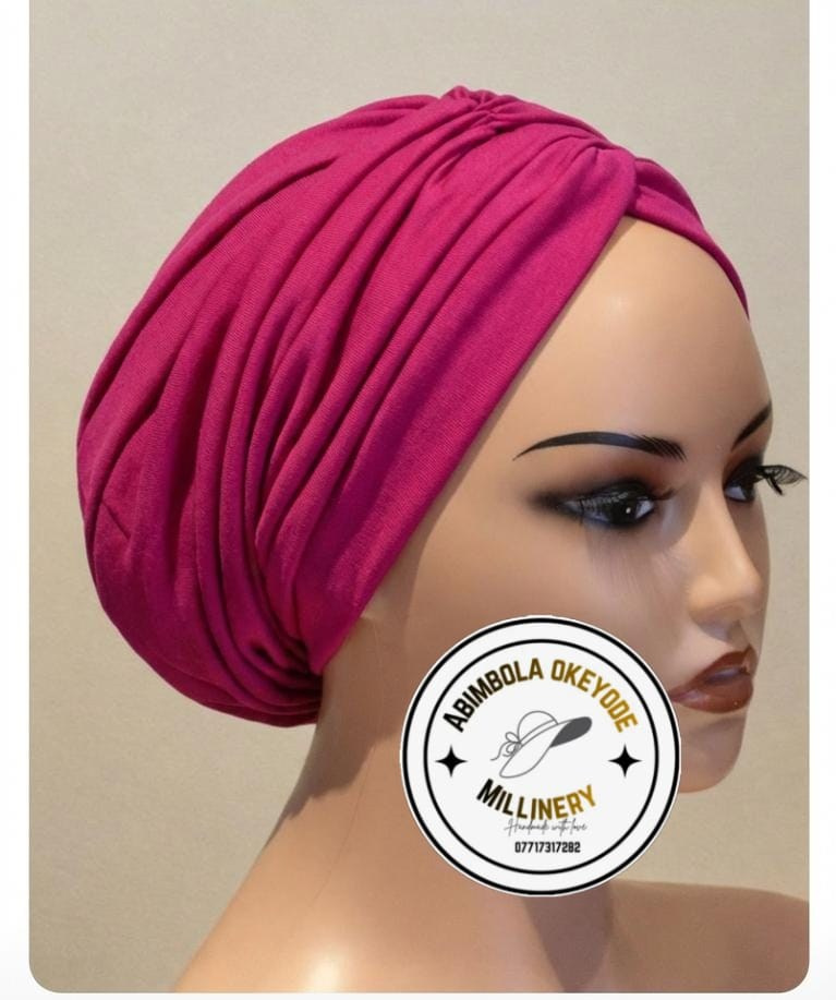 Pleated turbancap with a matching fabric band attached from behind. A milliner in Hull, UK Abimbola Okeyode