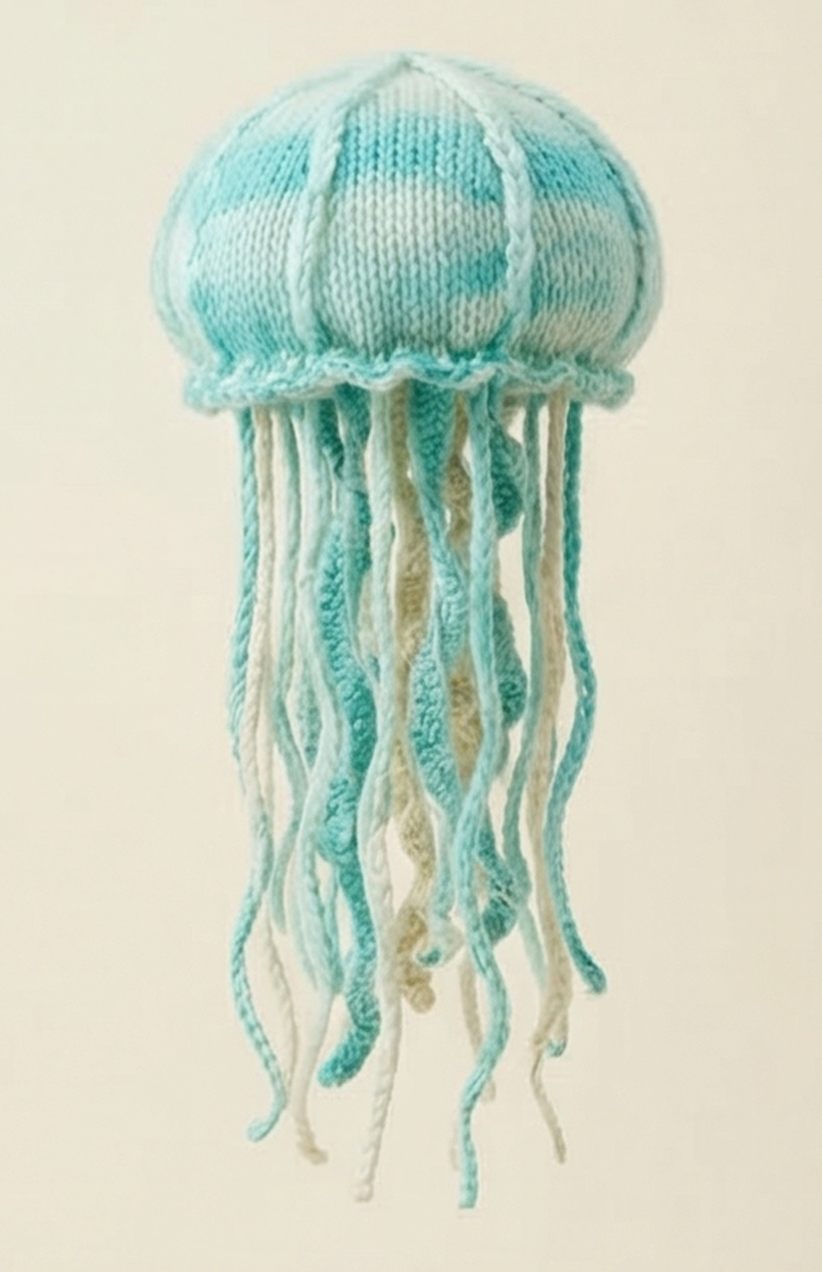 knitted jellyfish soft sculpture in mint and cream yarn, minimal background, merino wool texture, soft ocean aesthetic, studio photography