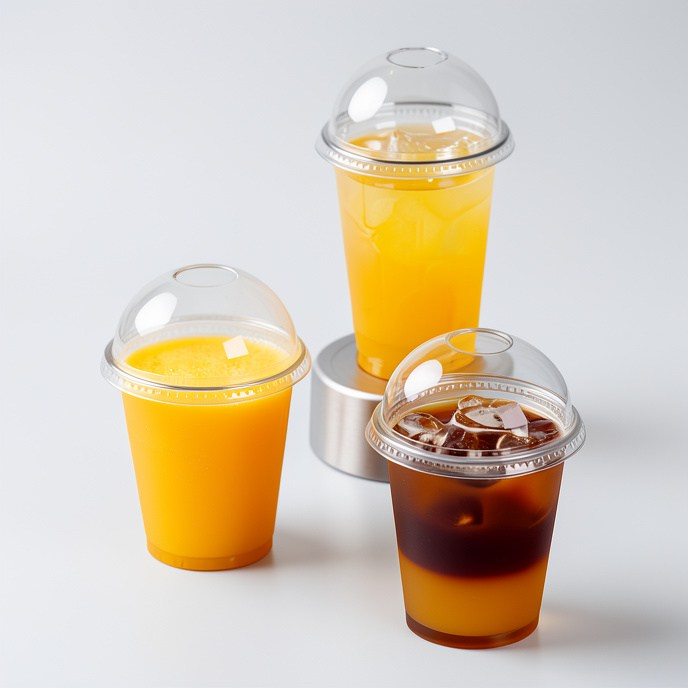 Iced tea and orange drinks in clear takeaway cups with dome lids, minimalist studio beverage photography