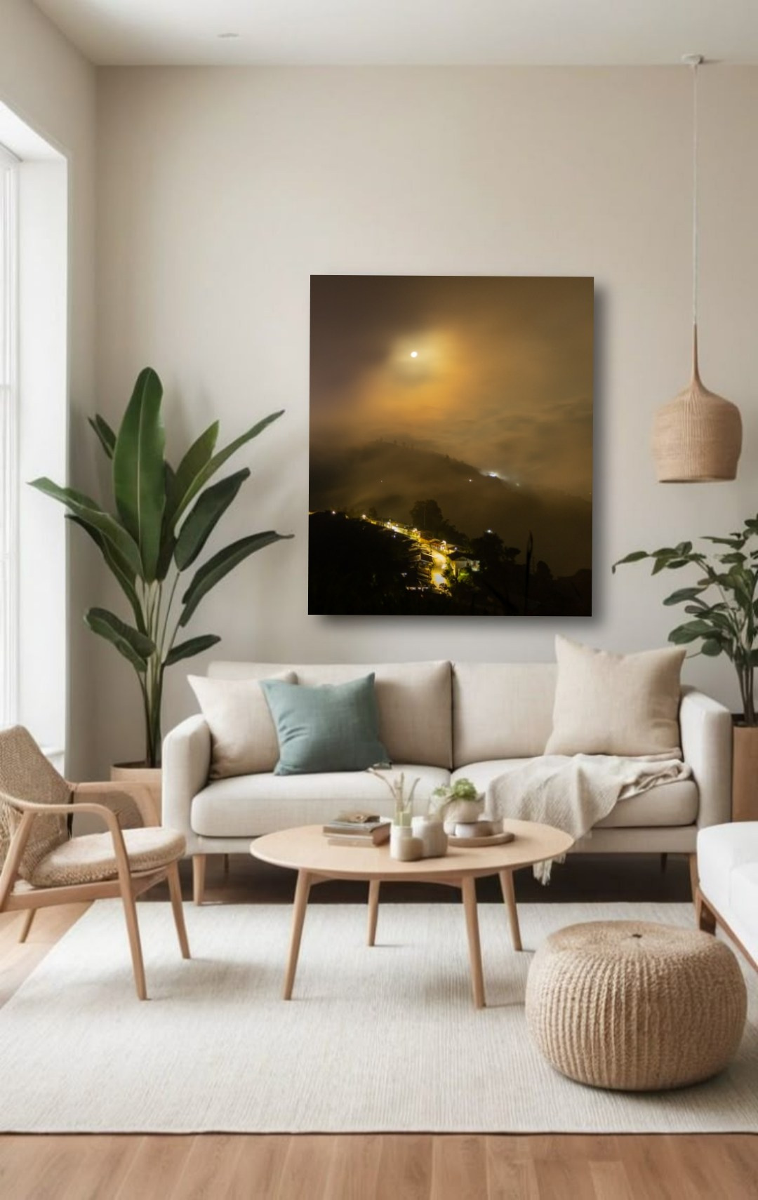 Paisaje con luna creciente sobre un pueblo